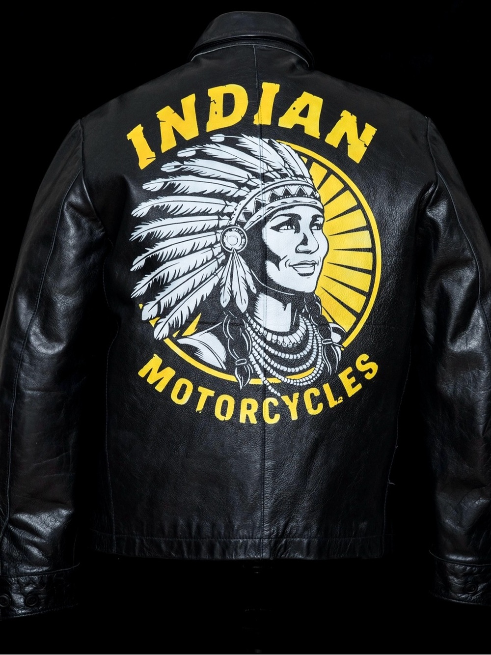 GAP Black Leather Jacket with unique Indian motorcycles artwork on the back